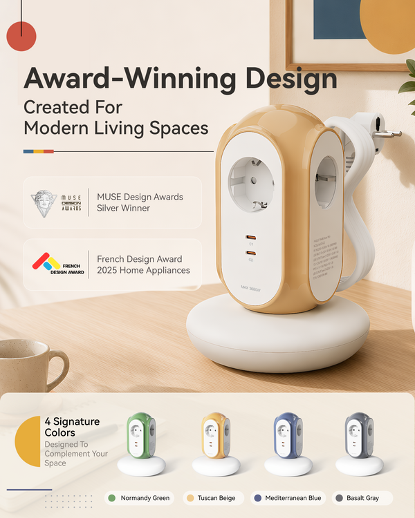MiaoLab Tower Extension Cord – 3 Sockets & 2 USB-C EU Power Strip