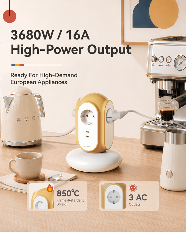 MiaoLab Tower Extension Cord – 3 Sockets & 2 USB-C EU Power Strip