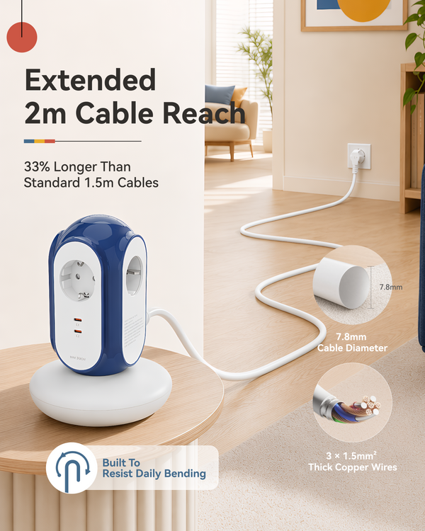 MiaoLab Tower Extension Cord – 3 Sockets & 2 USB-C EU Power Strip