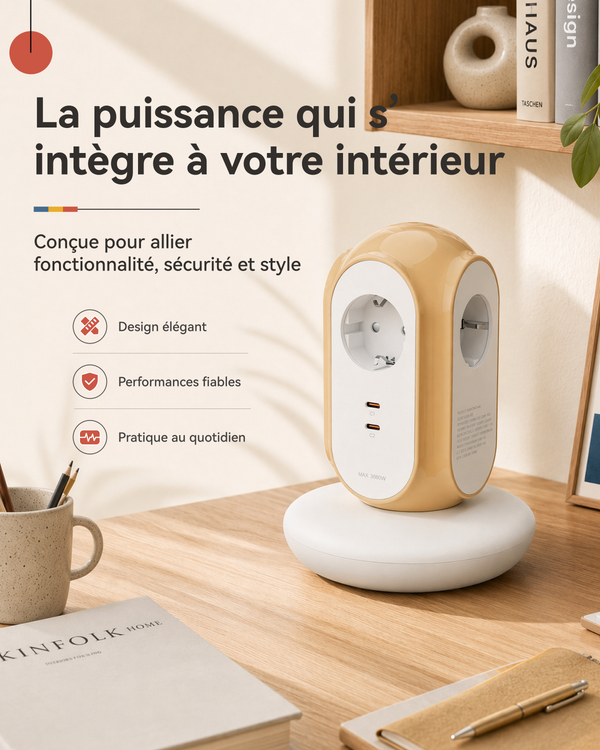 MiaoLab compact EU Schuko tower power strip designed for modern home interiors