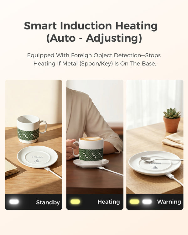 MiaoLab smart induction cup warmer showing standby, heating, and foreign object warning modes