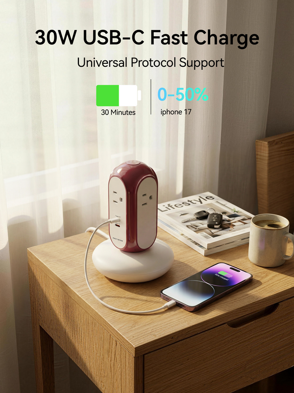 MiaoLab Tower Extension Cord – 4 Outlet US Power Strip with USB-C
