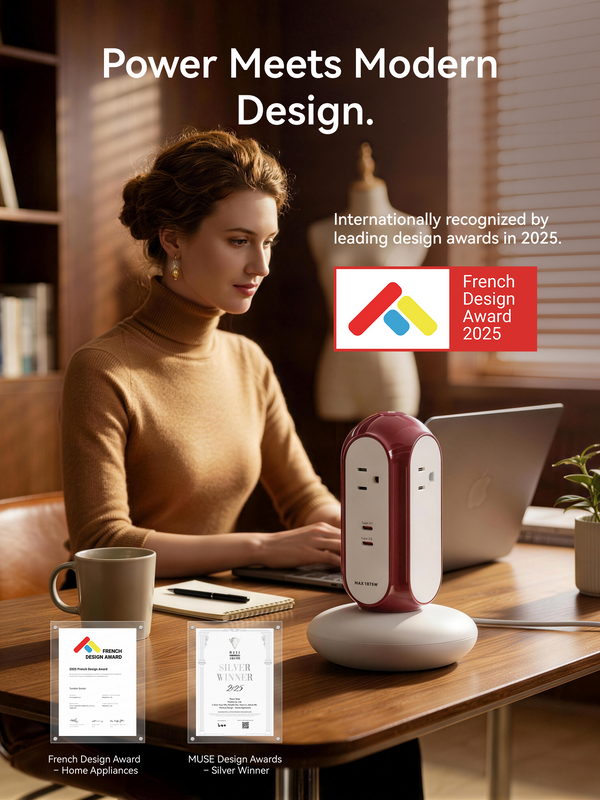 MiaoLab Tower Extension Cord – 4 Outlet US Power Strip with USB-C