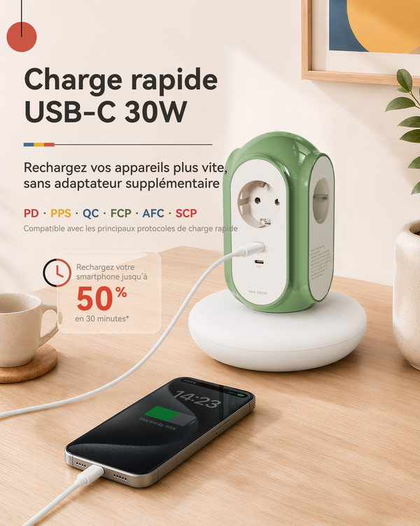 MiaoLab EU Schuko power strip with 30W USB-C fast charging
