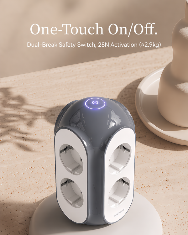 MiaoLab Tower Power Strip – One-Touch On/Off Dual-Break Safety Switch
