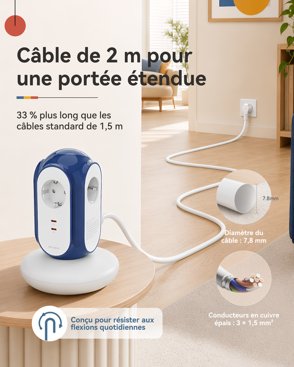 MiaoLab EU Schuko tower power strip with 2-meter extension cable