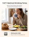 Woman using MiaoLab thermostatic warming cup at breakfast, maintaining 122°F