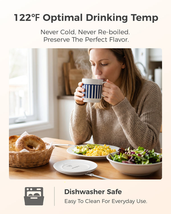 Woman using MiaoLab thermostatic warming cup at breakfast, maintaining 122°F