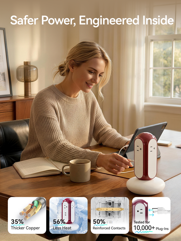 MiaoLab Tower Extension Cord – 4 Outlet US Power Strip with USB-C