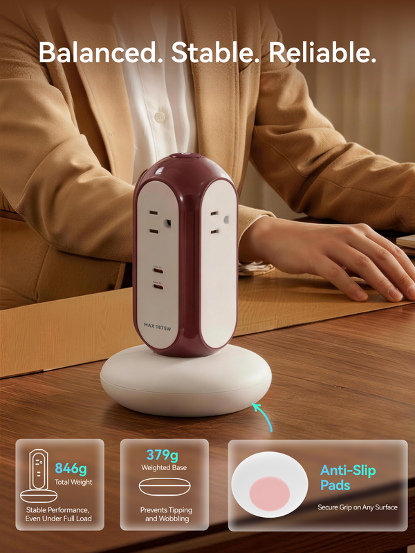 MiaoLab Tower Extension Cord – 4 Outlet US Power Strip with USB-C