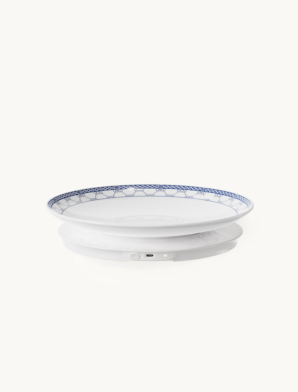 MiaoLab blue rimmed thermostatic porcelain plate on electric warming base