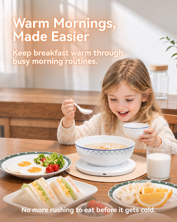 Child enjoying breakfast with MiaoLab thermostatic serving bowl and heated porcelain plates